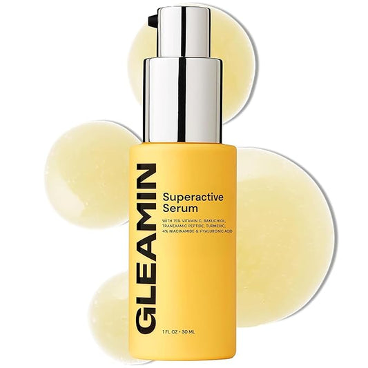 Gleamin Superactive Vitamin C Serum for Face with 15% Vitamin C, Niacinamide, Bakuchiol & Hyaluronic Acid – Skin Brightening Facial Serum for Women & Men – Dark Spot Remover & Radiant Glow – 1 fl oz-Velvo Beauty