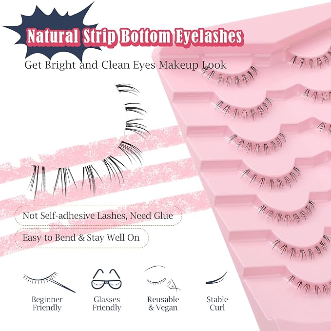 Lashes Natural Bottom Lashes 8mm Lower False Eyelashes Natural Look Strip Lashes Extention Wispy Bottom Eyelashes Fake Lashes Pack 7 Pairs-Velvo Beauty