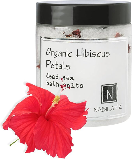 Organic Hibiscus Petals Bath Salts by Nabila K - Dead Sea Salt & Epsom Salt Scrub & Soak - Exfoliates & Hydrates Skin, Botanical Essential Oils - Bubble Bath Accessories for All Skins Types, 2 oz-Velvo Beauty