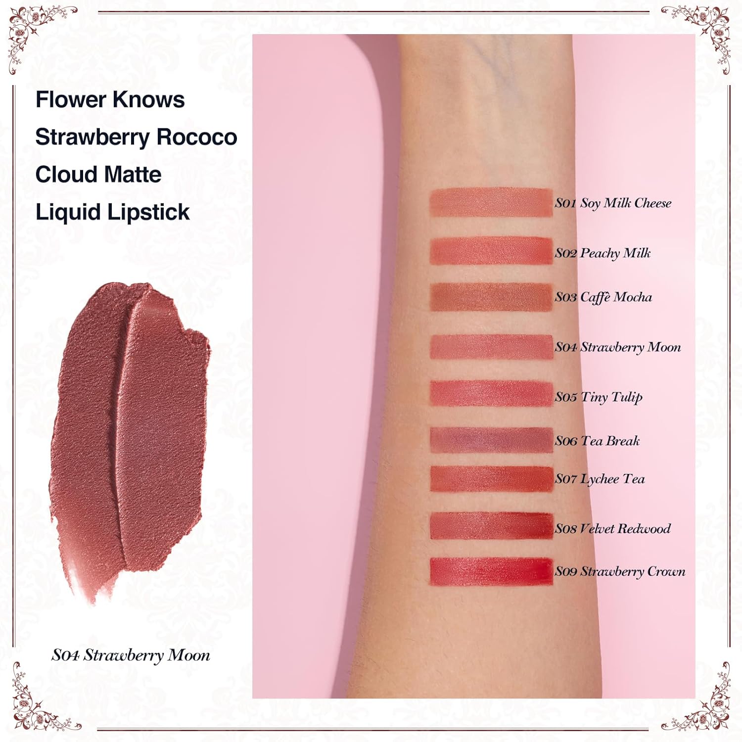 Flower Knows Strawberry Rococo Cloud Lip Cream,Velvety Matte Liquid Lipstick,Pink Lipstick,Long Lasting Lip Stain,Kiss-proof Blurred Lipstick for Girls&Women,0.12 Fl Oz(S04 Strawberry Moon)-Velvo Beauty