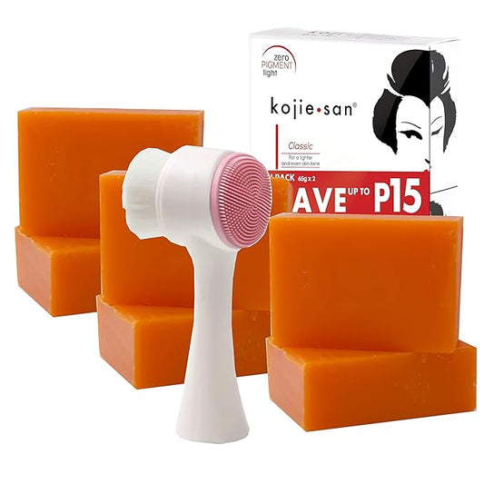 Kojie San Skin Brightening Brush Set - Original Kojic Acid Soap That Helps Reduces Dark Spots & Other Types of Skin Damage – 65g x 6 Bars and Relumins Deep Pore Facial Cleansing Brush-Velvo Beauty