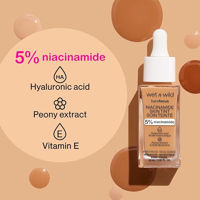 wet n wild Bare Focus Skin Tint, 5% Niacinamide Enriched, Buildable Sheer Lightweight Coverage, Natural Radiant Finish, Hyaluronic & Vitamin Hydration Boost, Cruelty-Free & Vegan - Buff Bisque-Velvo Beauty