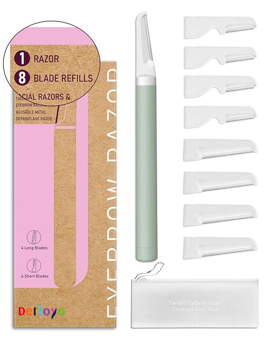 Dermaplane Razor - Facial Hair Removal Tool with 8 Refill Blades, Exfoliating Dermaplaning Tool for Face, Eyebrow Razor with Safety Cover, Face Shaver for Women (Green)-Velvo Beauty