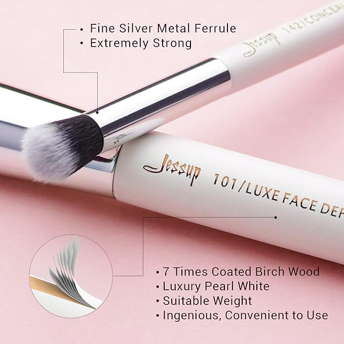 Jessup Brand 25pcs Professional Makeup Brush Set Beauty Cosmetic Foundation Powder Blusher Eyeshadow Blending Highlight Concealer Natural-Synthetic Hair Brushes Set (Pearl White/Silver)-Velvo Beauty