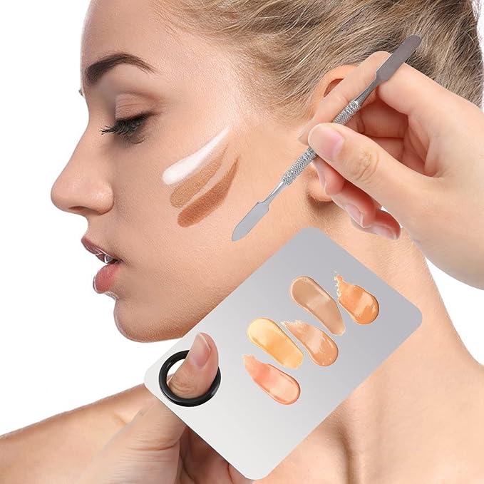 2 Sets Foundation Palette Makeup Mixing Palette Stainless Steel Cosmetic Mixing Palette with Spatula Makeup Artist Tool for Mixing Foundation Eye Shadow Eyelash Nail Art (4.52 x 2.99 inch)-Velvo Beauty