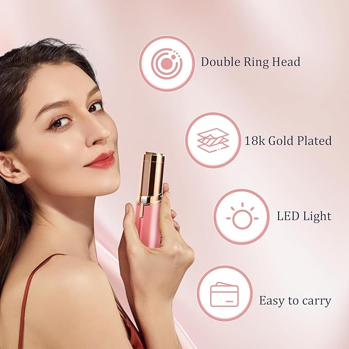 Facial Hair Removal for Women, Portable Painless Hair Remover Device, Rechargeable, with 2 Replacement Heads, for Face, Upper Lip and Chin (Rose god)-Velvo Beauty