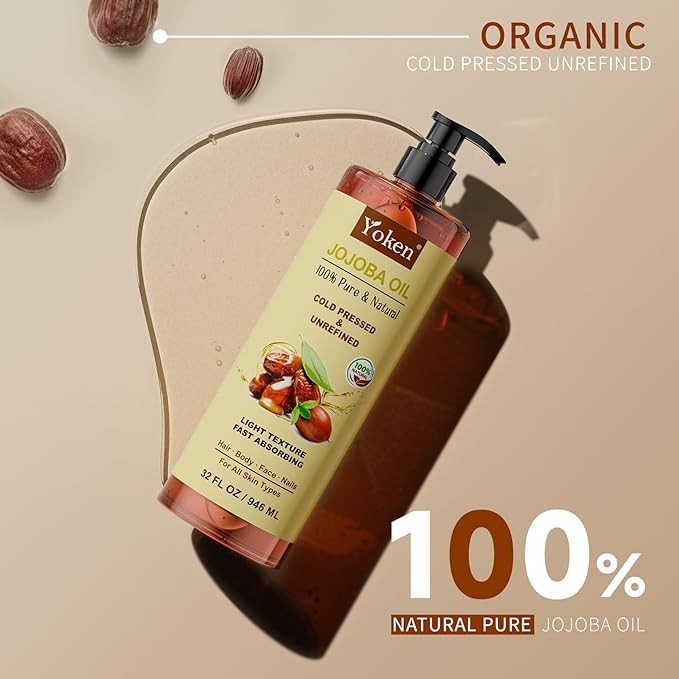 Yoken 32 fl oz (EWG Verified) 100% Pure Jojoba Carrier Oil - Unrefined, Hexane-Free, Cold Pressed for Skin, Face, Hair, Nails, and Massage-Velvo Beauty