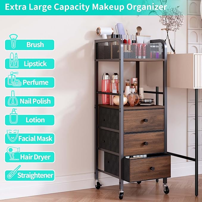 HapiRm Rolling Makeup Cart Organizer - Floor Skincare Make Up Storage with 3 Drawers, Vanity Organizer Cosmetic Display Cases Holder for Skin Care Perfume Nail Polish Brush Hair Tool-Velvo Beauty
