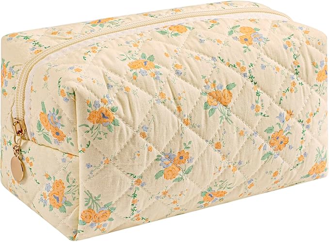 Makeup Bag Travel Cosmetic Bag for Women Girls, Zipper Make Up Pouch, Floral Flowers Toiletry Organizer Makeup, Portable Storage Bag, Cosmetic Travel Cloth Bag (Yellow Orange Flower)-Velvo Beauty