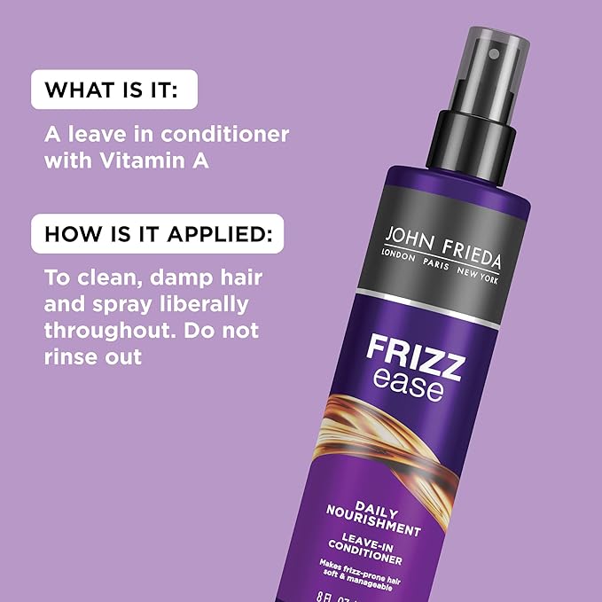 John Frieda Frizz Ease Daily Nourishment Leave-In Conditioner, Detangles Frizzy, Damaged Hair, Reduces Breakage, Protects Against Heat, with Vitamins A, C, E & Green Tea Extract, 8 Oz-Velvo Beauty