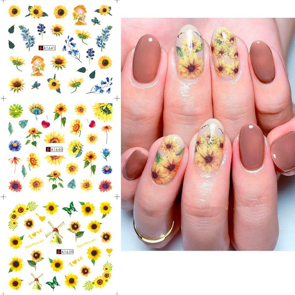 Sunflower Nail Stickers Decals Spring Summer Nail Art Water Transfer Floral Butterfly Honeybee Yellow Flower Supplies Cute Accessories for Women Girls 12Pcs-Velvo Beauty