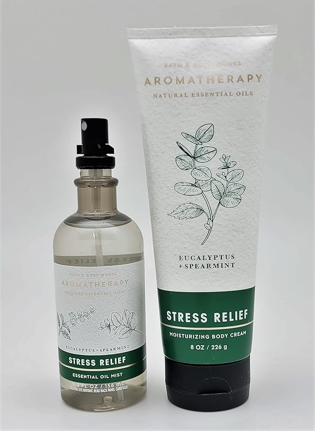 Bath & Body Works - Aromatherapy - Eucalyptus Spearmint – Stress Relief - 2 pc Bundle - Essential Oil Mist- 5.3 fl oz - & Body Cream - 8 oz-Velvo Beauty