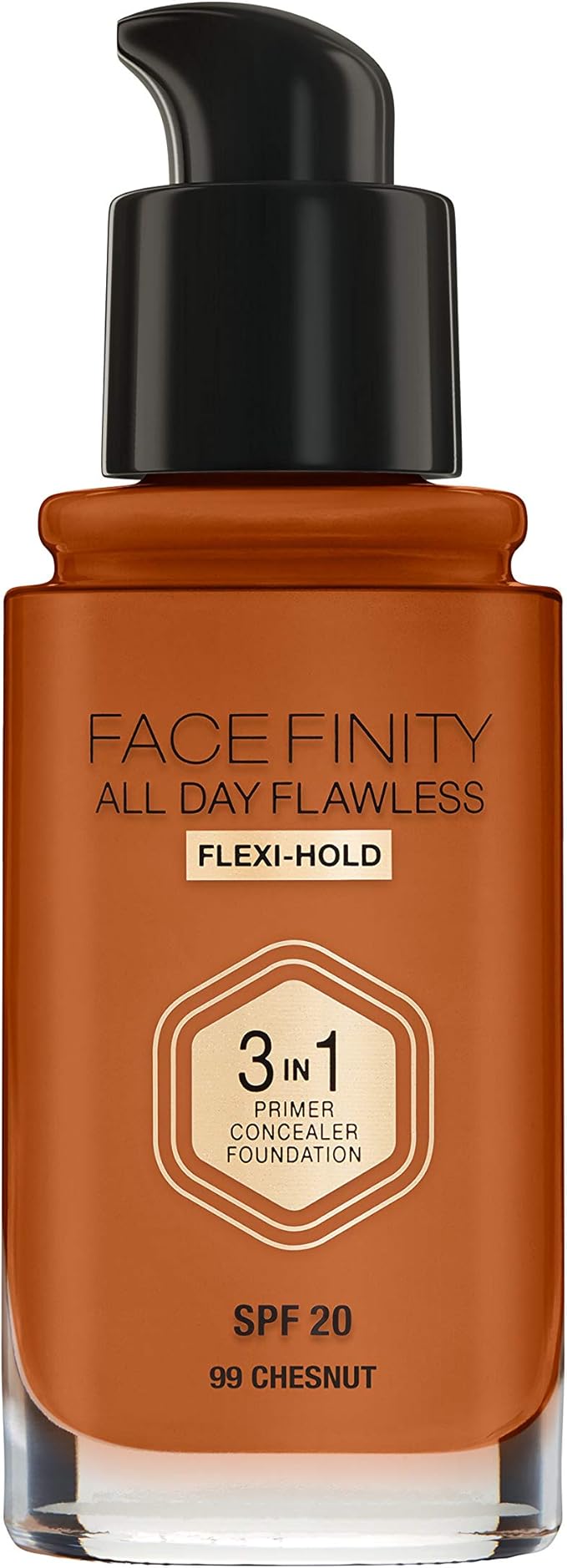 Max Factor Facefinity 3-in-1 All Day Flawless Liquid Foundation, SPF 20-99 Chestnut, 30 ml-Velvo Beauty