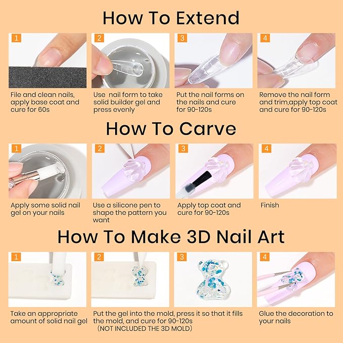 MIZHSE Solid Builder Gel - 1 oz Clear Non Stick Hand Hard Gel with 6 Colors Chrome Nail Powder and Nail Form Extension Kit for Salon and Home DIY-Velvo Beauty