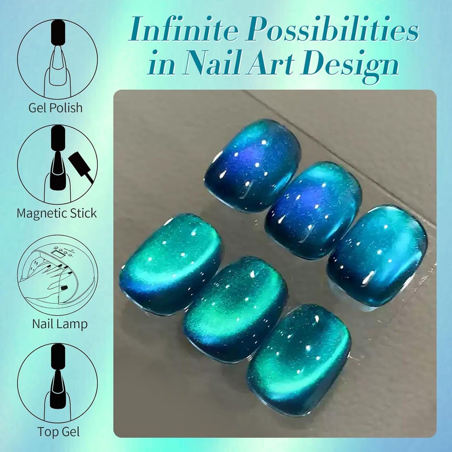Born Pretty Cat Magnetic Gel Nail Polish, Sea Blue Crystal Cat, Holographic Magnetic Nail Art Manicure Salon DIY at Home 15ML-Velvo Beauty