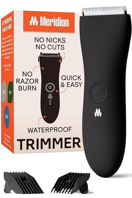 MERIDIAN The Trimmer Original - Body Hair Trimmer for Men, Electric Shaver for Pubic Hair, Chest, Legs & Bikini, Waterproof & Rechargeable, Onyx-Velvo Beauty