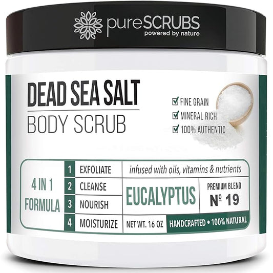 pureSCRUBS Premium Eucalyptus Body Scrub Set - Large 16oz Dead Sea Salt Body Scrub With Infused Essential Oils & Nutrients, Includes Wooden Spoon, Loofah & Oatmeal Exfoliating Bar Soap-Velvo Beauty