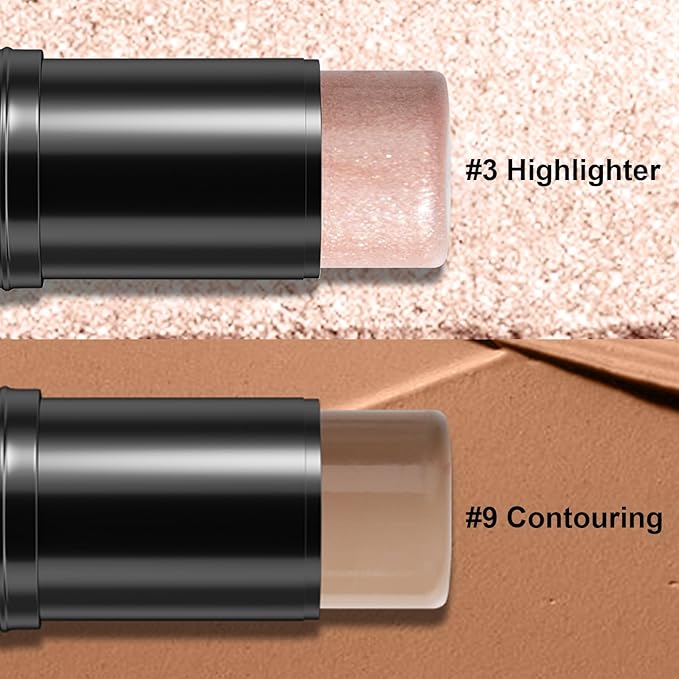 2Pcs Cream Contour Stick Makeup Kit, Cream Highlighter Stick and Bronzer Contour Stick with Longwear Waterproof Formula for Brightening and Trimming the Cheeks, Makeup Brush Include (#03, 09)-Velvo Beauty