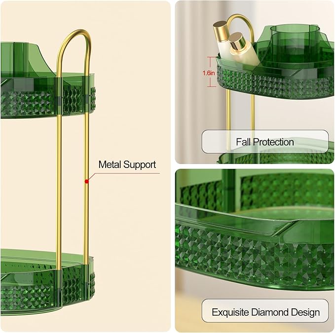 360° Rotating Makeup Organizer 2 Tier, Large Skincare Clear Make Up Storage Spinning Perfume Organizers for Bathroom Counter Dresser, Green-Velvo Beauty