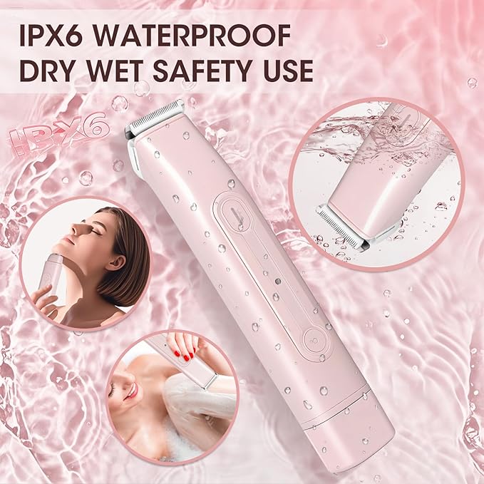 Lanumi 2 in 1 Electric Shaver Dual Head Bikini Trimmer Women IPX6 Wet Dry Pubic Hair Trimmer Rechargeable Body Facial Hair Remover for Face Lip Chin Underarm Legs (Pink)-Velvo Beauty