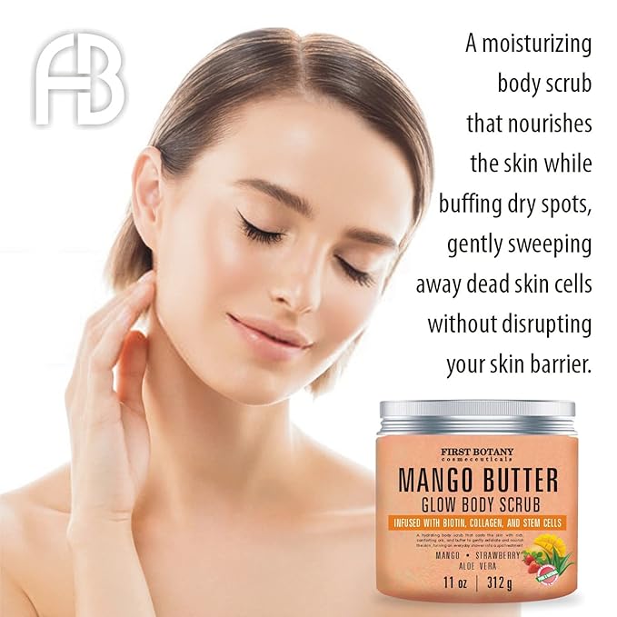Mango Butter Body Scrub Exfoliator Biotin, Collagen, Stem Cells - Natural Exfoliating Salt Scrub & Body and Face Souffle helps with Moisturizing Skin, Acne, Cellulite, Dead Skin Scars, Wrinkles- 11 oz-Velvo Beauty