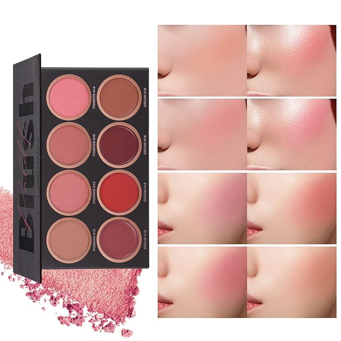 8 Colors Blush Palette, 4 Dry Powders + 4 4 Blush Creams, Contour and Highlight Blush Palette for Cheek and Eye Makeup Long-Lasting Pigment Lightweight Professional Blush Palette(1, pink, Large)-Velvo Beauty