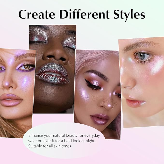 Pink Glitter Eyeshadow Palette, Multichrome Chameleon Cream to Powder Eye Shadow, Color Shifting Holographic Eyeshadow Shimmer Inner Corner Eye Brightener Highlighter Makeup-Velvo Beauty