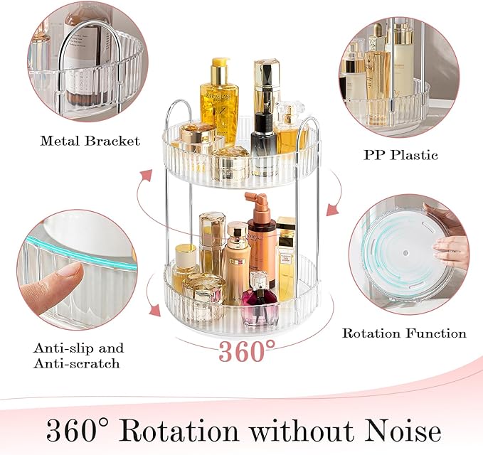 Rotating Makeup Organizer, 360° Spinning Makeup Storage Holder Rack, Dresser Bathroom Organizer Countertop, Large Capacity Perfume Skincare Lipstick Organizer for Vanity.(2 Tiers, Transparent)-Velvo Beauty