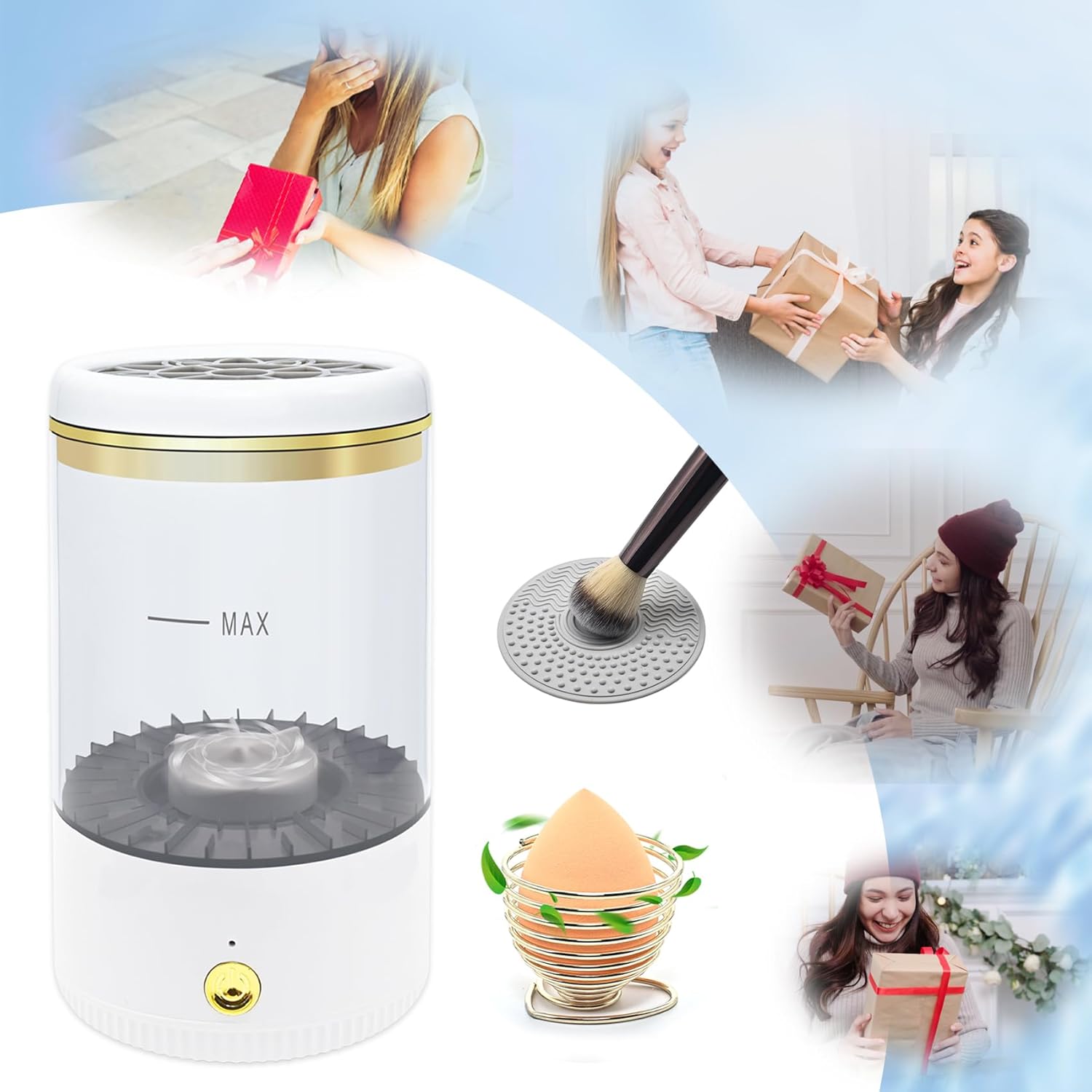 Makeup Brush Cleaner,Low noise and 8000 RPM Electric Makeup Brush Cleaner Machine for Deep Cleaning,Automatic Spinning Cosmetic Brush Cleaner for All Size Makeup Brushes and Sponges(White)-Velvo Beauty
