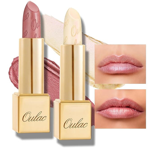 Oulac Metallic Light Pink & Sheer Lipstick Set - 2PCS Vegan Lightweight Hydrating Formula with High Impact Lip Color for Full Coverage Lip Makeup, Christmas Gifts for Women, 13+27-Velvo Beauty