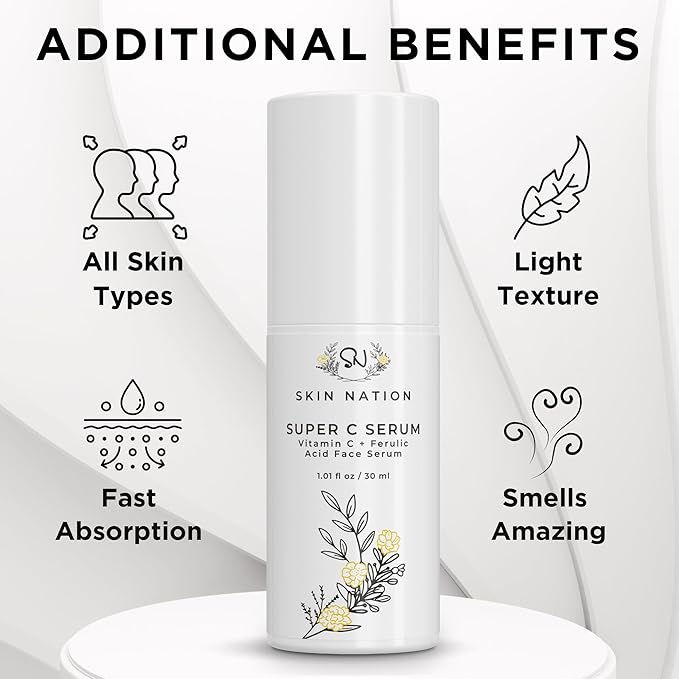 Skin Nation Super Hydrating Vitamin C Face Serum with Ferulic Acid, Aloe Vera, Rosehip Oil, Can Help Smooth Skin Texture and Supports Firmer Skin, for Dry and Sensitive Skin-Velvo Beauty