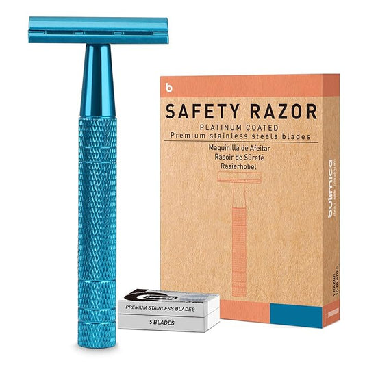 Double Edge Safety Razor, Single Blade Razors for Men and Women, with 10 Stainless Steel Safety Razor Blades, Smooth and Close Wet Shaving, Plastic Free, Blue-Velvo Beauty