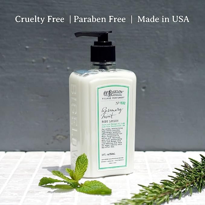 C.O. Bigelow Rosemary Mint Body Lotion, Village Perfumer Moisturizing Body Lotion with Aloe Vera, Borage Oil & Olive Oil, 10 Fl Oz-Velvo Beauty