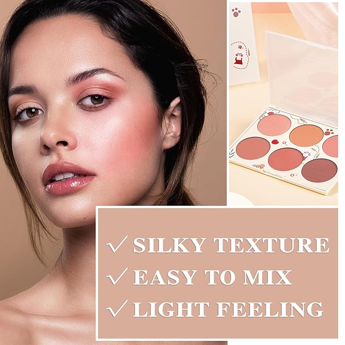 6 Colors Blush Palette,Matte Contour Makeup Blush for Cheeks,Waterproofing Highly Pigmented Face Cheek Blusher with Make Up Brush A3-Velvo Beauty
