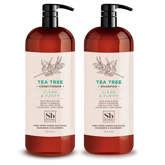 Soapbox Tea Tree Shampoo and Conditioner Set, Scalp Balancing with Tea Tree Oil, Jojoba Oil, Aloe and Shea Butter to Clean and Purify for All Hair Types, 1 Liter Each (Pack of 2)-Velvo Beauty