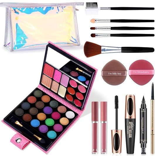 Makeup Set for Women Full Kit - 32 Colors Makeup Palette,5pcs Brushes Set, Mascara & Stamp Liquid Eyeliner, Eyebrow Pen, 2pcs Matte Liquid Lipsticks, 2 Powder Puff, 1 Cosmetic Bag Makeup Gift Set-Velvo Beauty