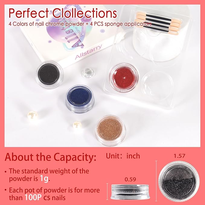 Allstarry Chrome Nail Powder 4 Colors Metallic Mirror Effect Powder Manicure Chrome Pigment Magic Glitter Dust Kit for Gel Polish Nail Art Decoration with 4 Sponge Sticks - Ruby Sapphire Series-Velvo Beauty