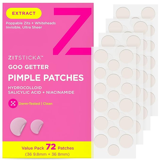ZitSticka Pimple Patches for Face and Body, Goo Getter Hydrocolloid Patches to Cover Zits & Blemishes, Acne Patches or Zit Spot Stickers, Body Blemish Patch (72 Pack)-Velvo Beauty