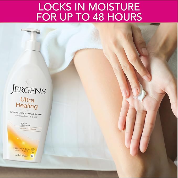 Jergens Ultra Healing Dry Skin Lotion, Hand and Body Moisturizer for Quick Absorption into Extra Dry Skin with Hydralucence Blend, Vitamins C, E and B5, White, 32oz-Velvo Beauty