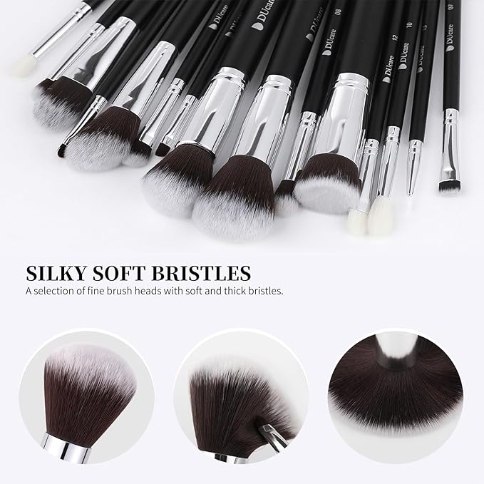 DUcare Makeup Brushes with Bag,15Pcs Makeup Brush Set Christmas Gift Travel Kabuki Foundation Blending Blush Eyeliner Shadow Brow Concealer Brushes Kit Black-Velvo Beauty