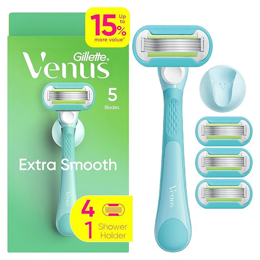 Gillette Venus Extra Smooth Razor for Women, Includes 1 Reusable Razor Handle + 4 Refills, 5-Bladed, Ergonomic No-Slip Gel Handle and Shower Holder-Velvo Beauty