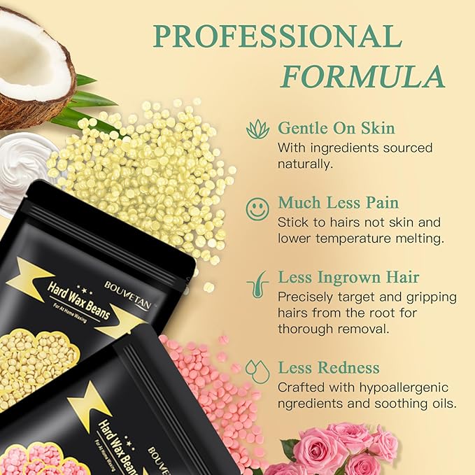 Hard Wax Beads for Hair Removal, Bouvetan 1.3Lb/21oz Wax Beans for Brazilian Waxing, Eyebrow, Face, Bikini, Legs, Arms for Women Men Hair Removal with 10pcs Sticks, 6 Packs-Velvo Beauty