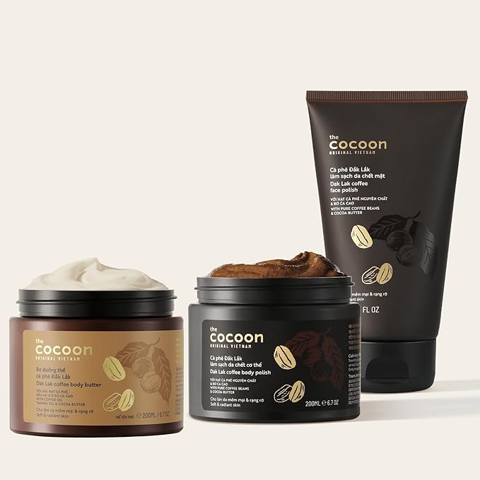 Cocoon Dak Lak Face Polish, Body Polish & Body Butter Combo. 100% Vegan Exfoliating Scrub for Smooth & Glowing Skins | Reduce Stretch Marks, Acne & Cellulite | Gift for Coffee Lovers (6.76 fl oz each)-Velvo Beauty