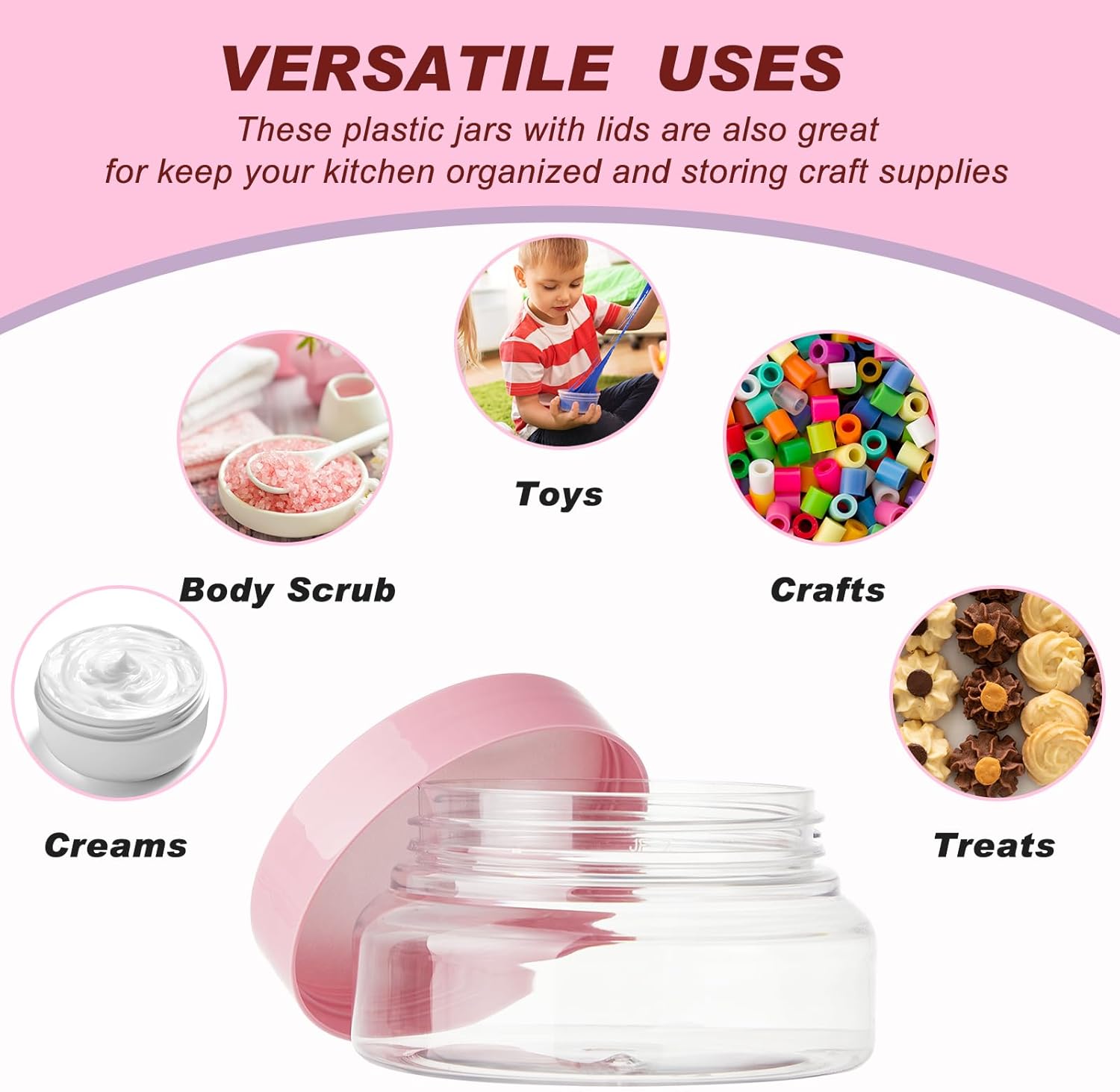 Tessco 24 Pack Plastic Jars with Lids Labels Empty Clear Plastic Jars Round Refillable Cosmetic Containers Body Butter Containers Bulk Sugar Scrub Bottle for Make Up(5 oz,Clear, Pink)-Velvo Beauty
