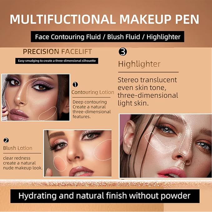 3Pcs Contour Beauty Wand,Liquid Face Concealer Contouring with Cushion Applicator,Liquid Blush Shading Bronzer Stick Natural Matte Finish, Lightweight Blendable Super Silky Cream Contour Stick Makeup-Velvo Beauty