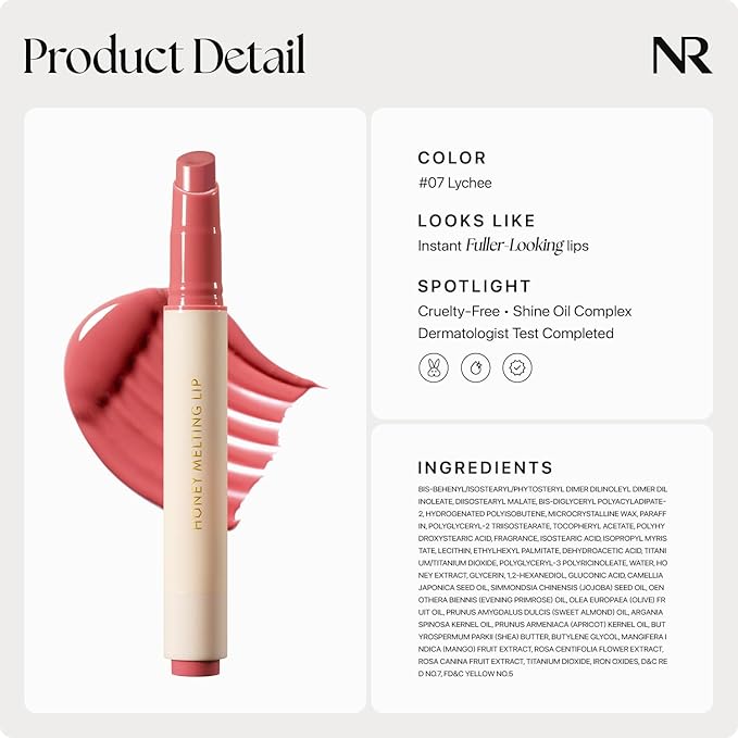 Nature Republic HONEY MELTING LIP (07 LYCHEE) SOFT LIP STICK, Hydrating Gloss, Moisturizing balms, Sheer tint, Shine & Glowy Finish, korean make up-Velvo Beauty