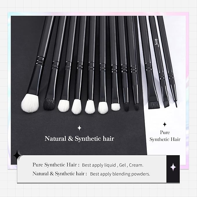 Jessup Eyeshadow Brush Set 12pcs Black Eye Makeup Brushes Set Professional with Natural Synthetic Hair for Eyebrow Eyelash Eyeliner Spoolie Blending, T322-Velvo Beauty