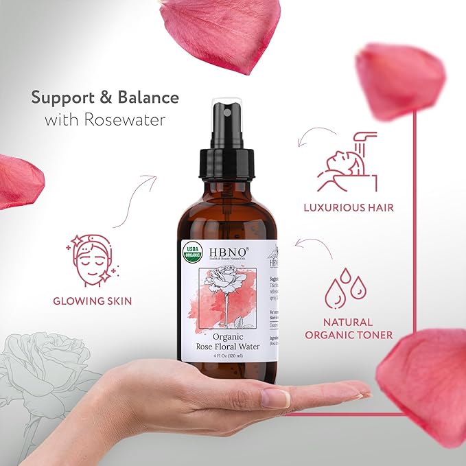 HBNO California Bottled Organic Rose Water for Face 4 fl oz (120ml) - USDA Certified Organic Rose Water Spray for Cleansing- Pure Rosewater for Hair - Rosewater Face Mist-Velvo Beauty