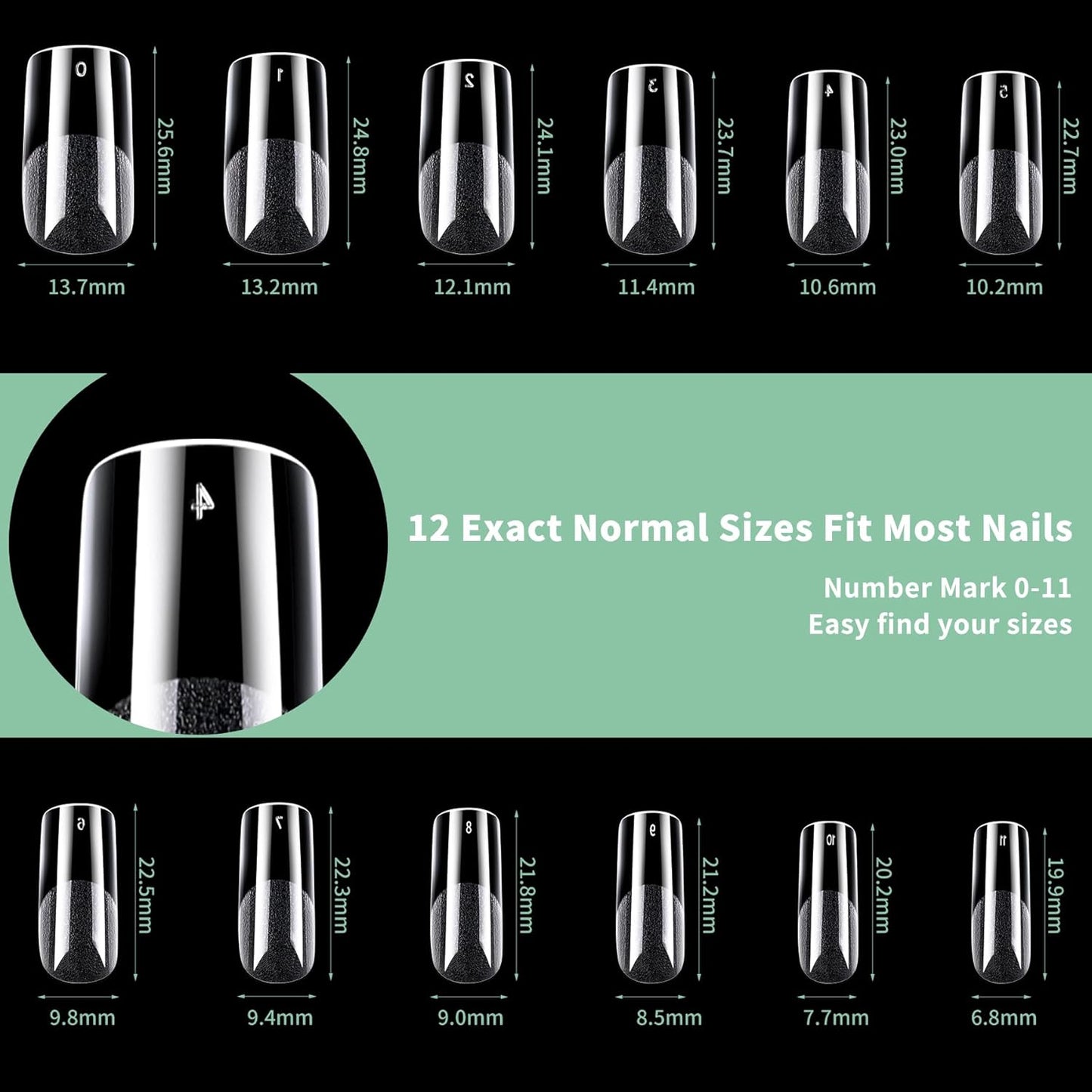 Medium Square Nail Tips, 216pcs Acrylic Fake Nails Gel Nail Tips Soft, Full Cover Pre-Shaped Matte Clear Press on Nails for Extension, Diy at Home Manicure 12 Sizes-Velvo Beauty