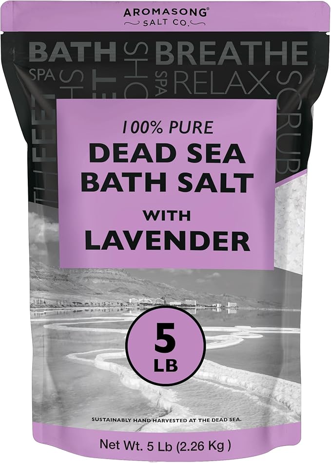 Aromasong Pure Dead Sea Salt for Soaking with 100% Natural Lavender, 5 LB - Spa Bath Salt Fine Grain - Body Wash Scrub - Soak for Women & Men- Bulk Resealable Pack (Packaging May Vary)-Velvo Beauty